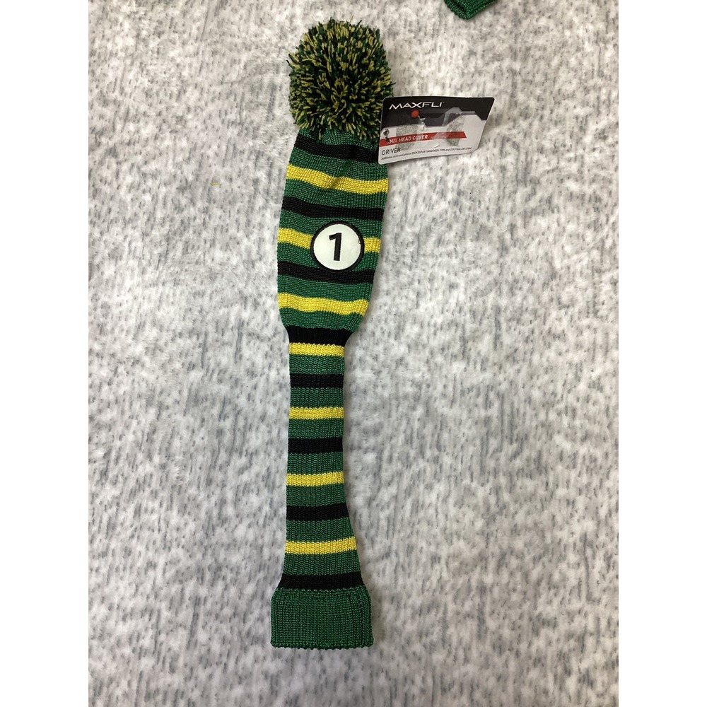 Maxfli Knit Driver Head Cover Green Yellow Black Striped Pom Pom MX522 NEW